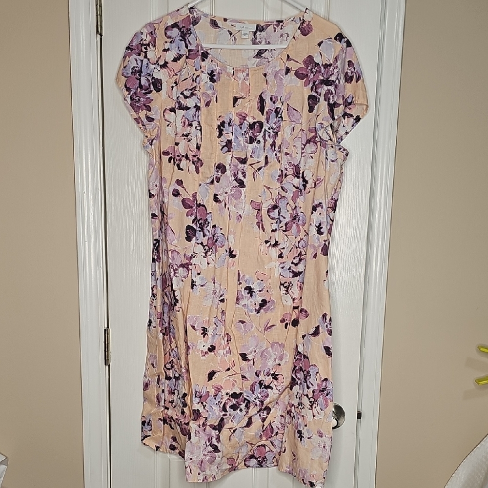 J. Jill Peach & Purple Floral Women's Pleated Bust A Line Dress  XL 100% Linen